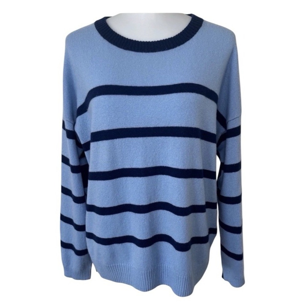 Brodie Cashmere Two Tone Boxy Stripe Sweater Women's Medium Blue